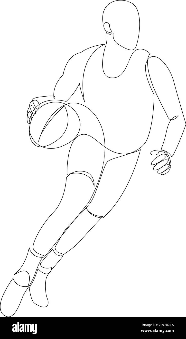 Joueur de basket-ball en cours d'exécution et tenant le ballon en continu un dessin de ligne. Athlète dribbling illustration vectorielle minimaliste Illustration de Vecteur