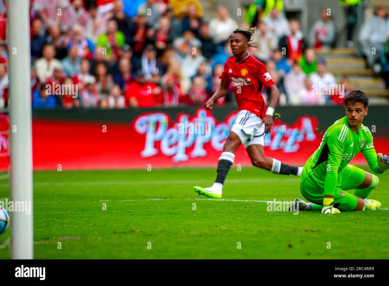 Oslo, Norvège, 12 juillet 2023 Noam Emeran marque le premier match de son équipe dans le match entre Manchester United et Leeds United au Ullevål Stadium à Oslo.crédit : Frode Arnesen/Alamy Live News Banque D'Images