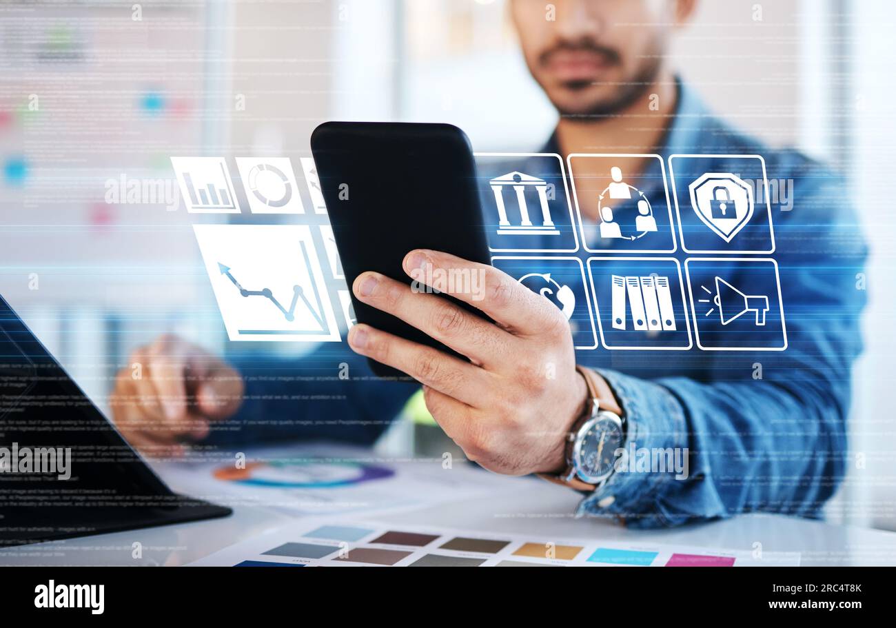 Mains, téléphone et interface holographique avec icône pour la conception Web, la transformation et la superposition pour l'interface utilisateur de l'application dans le bureau. Expert en programmation, smartphone et Banque D'Images