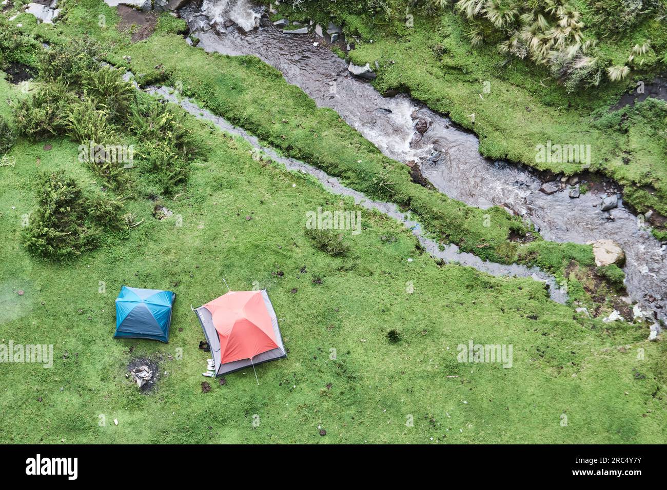 Vue de dessus des tentes colorées érigées sur un terrain herbeux près de l'eau de ruisseau qui coule avec des arbres verts sur les rives dans la journée d'été en Équateur Banque D'Images