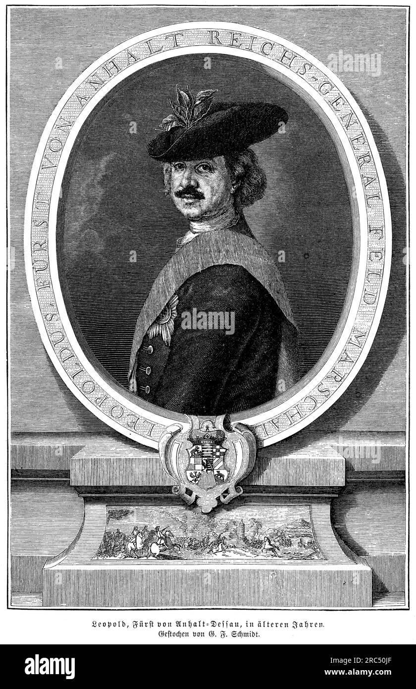 Portrait à la vieillesse de Léopold Fuerst von Anhalt-Dessau, communément appelé Léopold Ier, prince d'Anhalt-Dessau, chef militaire renommé et figure clé de l'armée prussienne au 18e siècle. Il est né le 3 juillet 1676, et est souvent appelé le « vieux Dessauer » en raison de sa carrière militaire distinguée. Léopold Ier joua un rôle important dans le développement des tactiques de guerre modernes, en particulier dans les domaines de l'infanterie et de l'artillerie. Il introduisit d'importantes réformes dans l'armée prussienne, mettant l'accent sur la discipline, la formation et la mise en œuvre de tactiques standardisées. Banque D'Images