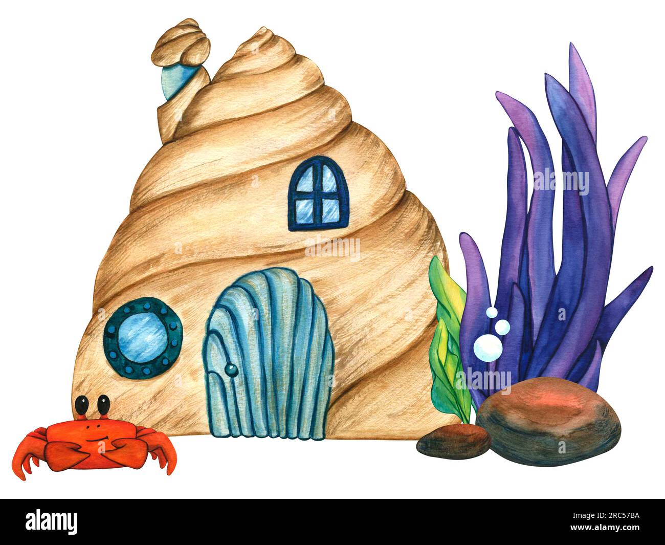 Illustrations à l'aquarelle coquille maison, crabe et algues violettes. Océan marin, fond de paysage sous-marin avec soleil. Clip art fond sous-marin f Banque D'Images