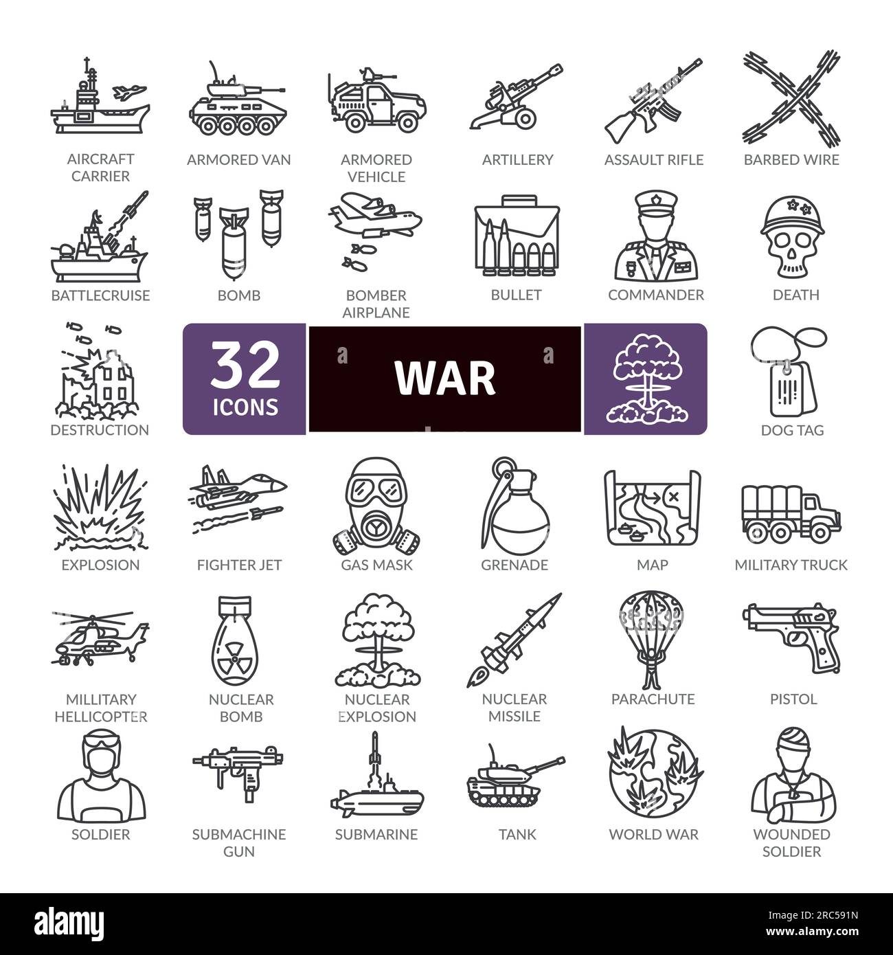 Pack d'icônes de guerre et de conflit. Collection d'icônes de ligne fine. Jeu d'icônes Web de contour Illustration de Vecteur