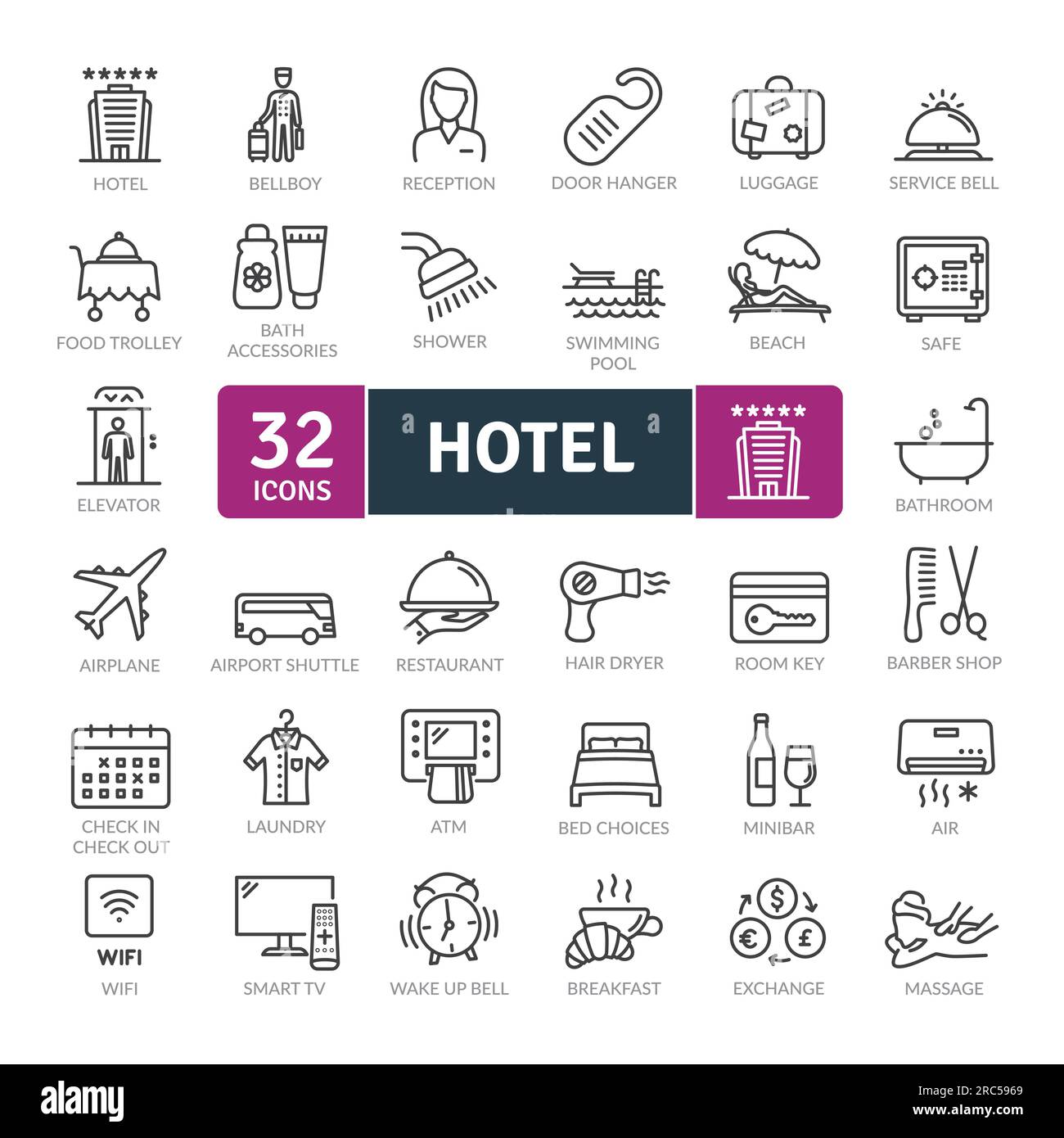 Services hôteliers et d'hébergement Icons Pack. Jeu d'icônes de ligne fine. Icônes vectorielles simples Illustration de Vecteur
