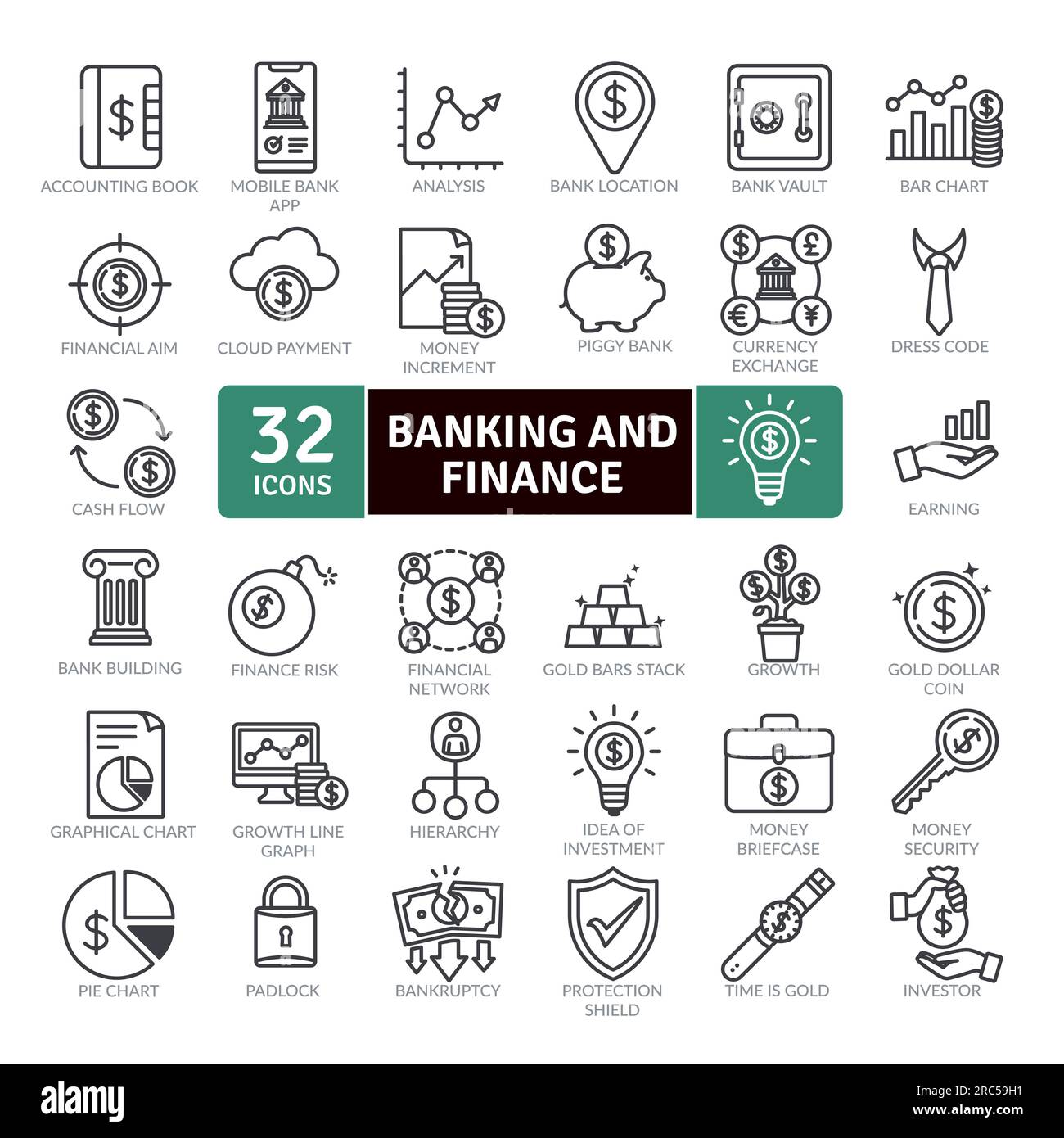 Pack d'icônes bancaires et financières.icônes de ligne mince définies. Icônes vectorielles simples Illustration de Vecteur