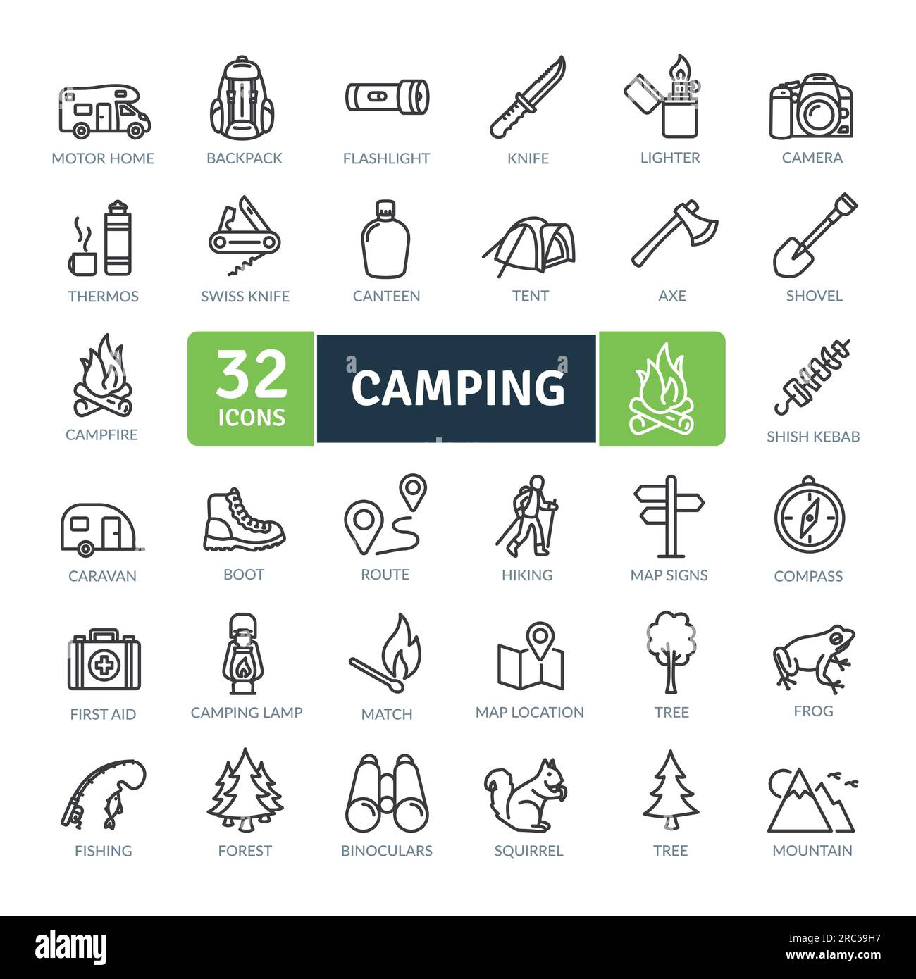Pack icônes de camping. Jeu d'icônes de ligne fine. Icônes vectorielles simples Illustration de Vecteur