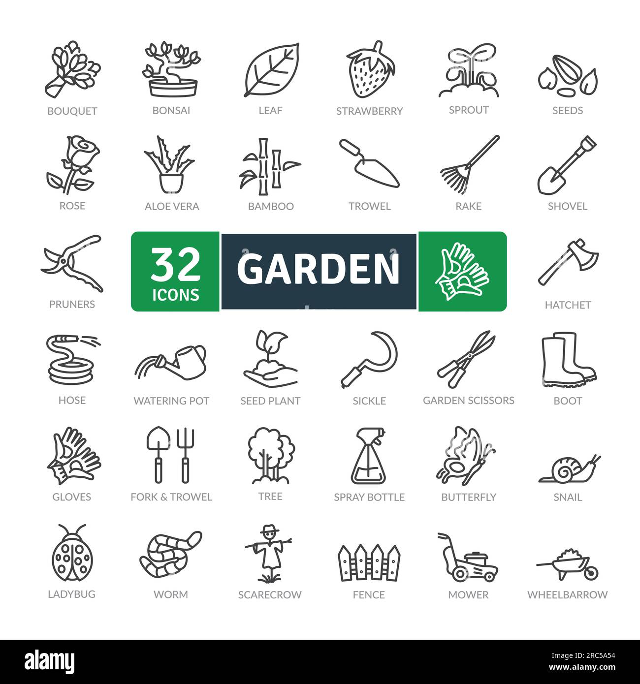 Pack d'icônes de jardin. Jeu d'icônes de ligne fine. Icônes vectorielles simples Illustration de Vecteur