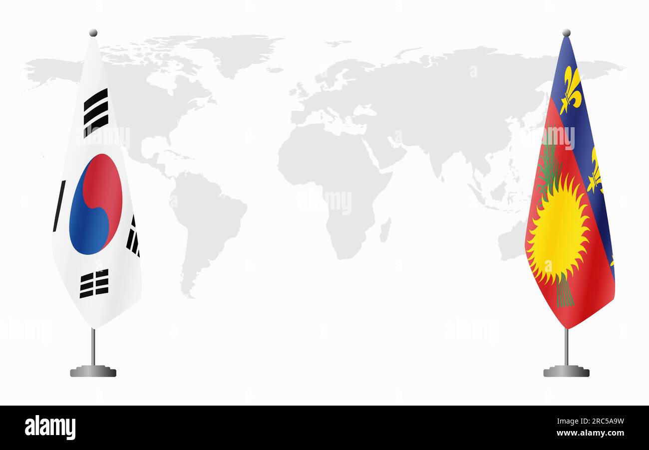 Drapeaux de la Corée du Sud et de la Guadeloupe pour réunion officielle sur fond de carte du monde. Illustration de Vecteur