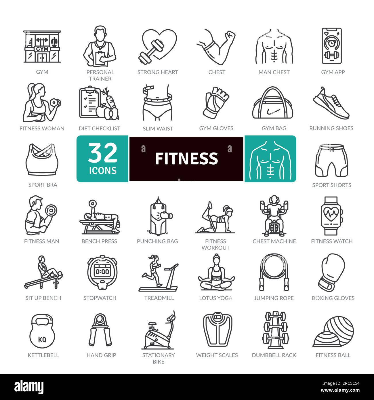 Pack d'icônes de fitness et de bien-être. Collection d'icônes de ligne fine. Jeu d'icônes Web de contour Illustration de Vecteur