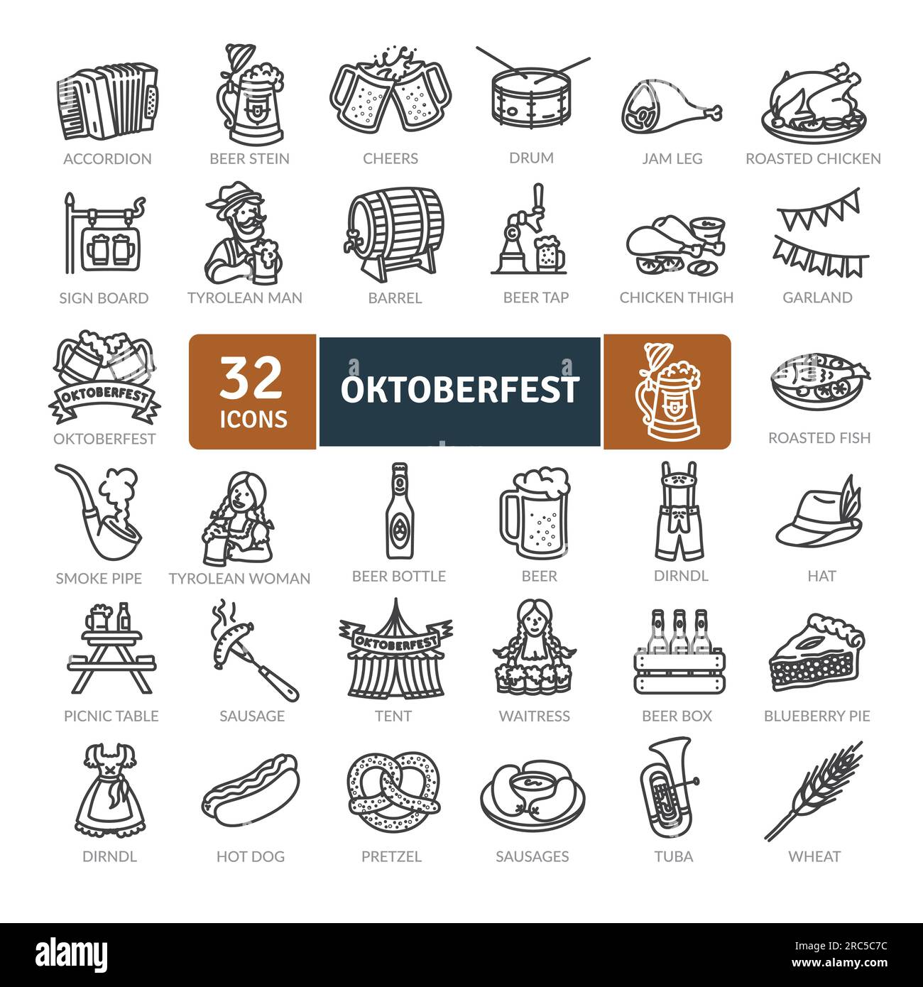 Pack icônes Oktoberfest. Jeu d'icônes de ligne fine. Icônes vectorielles simples Illustration de Vecteur