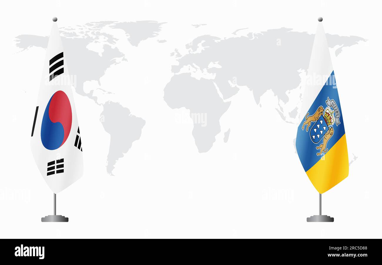 Drapeaux de la Corée du Sud et des îles Canaries pour la réunion officielle sur fond de carte du monde. Illustration de Vecteur