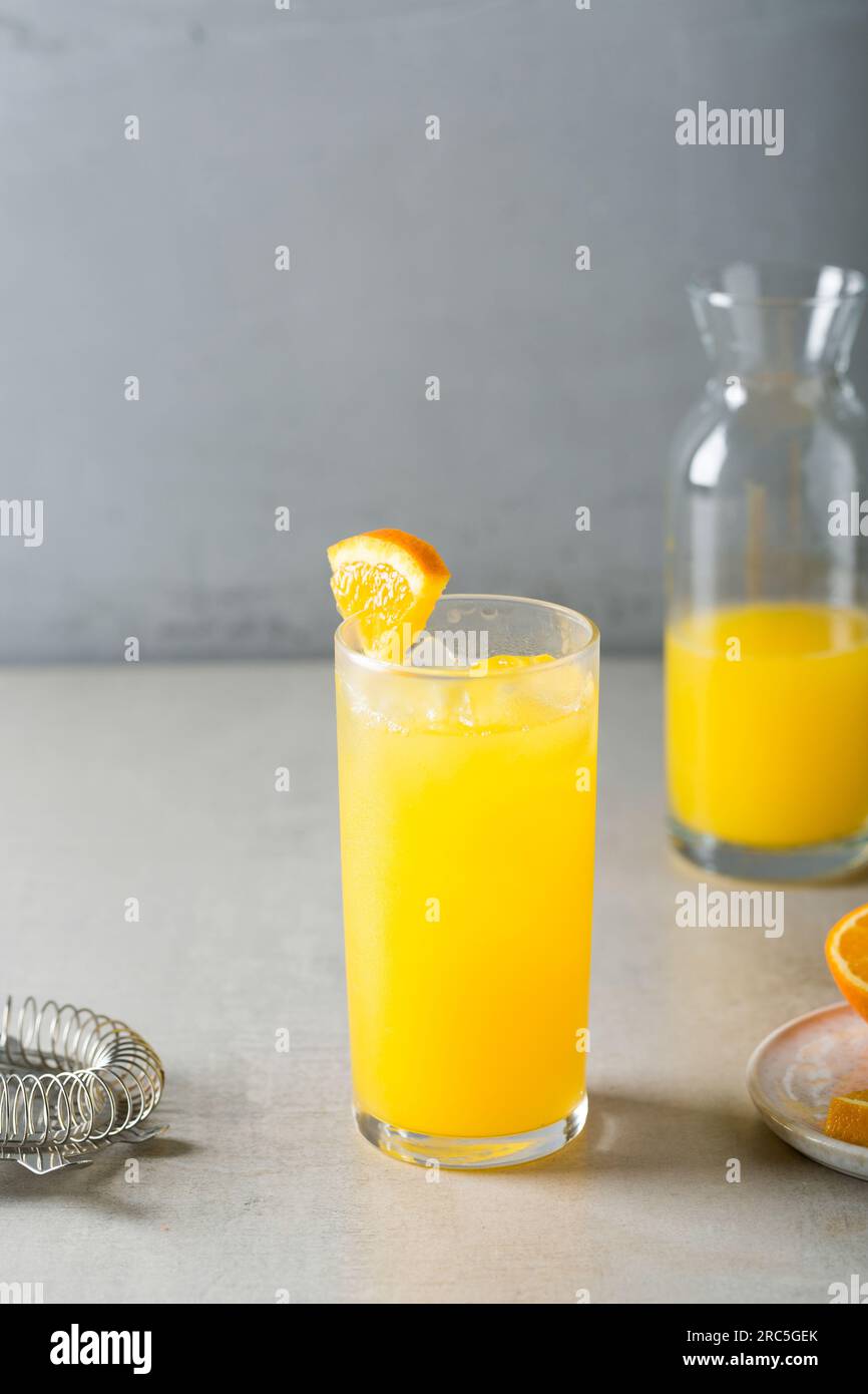 Tournevis maison cocktail vodka rafraîchissante, jus d'orange frais, sirop et amers d'orange, garnir de tranche d'orange Banque D'Images