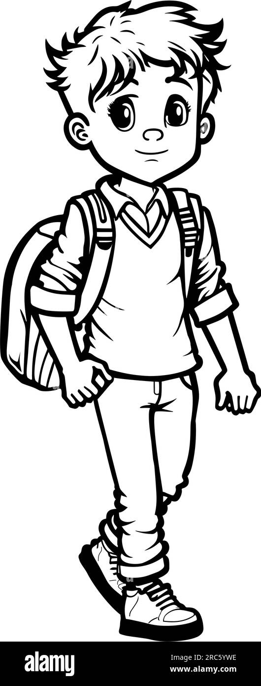 Garçon avec la page de coloriage de sac à dos. Concept de retour à l'école. Illustration vectorielle Illustration de Vecteur