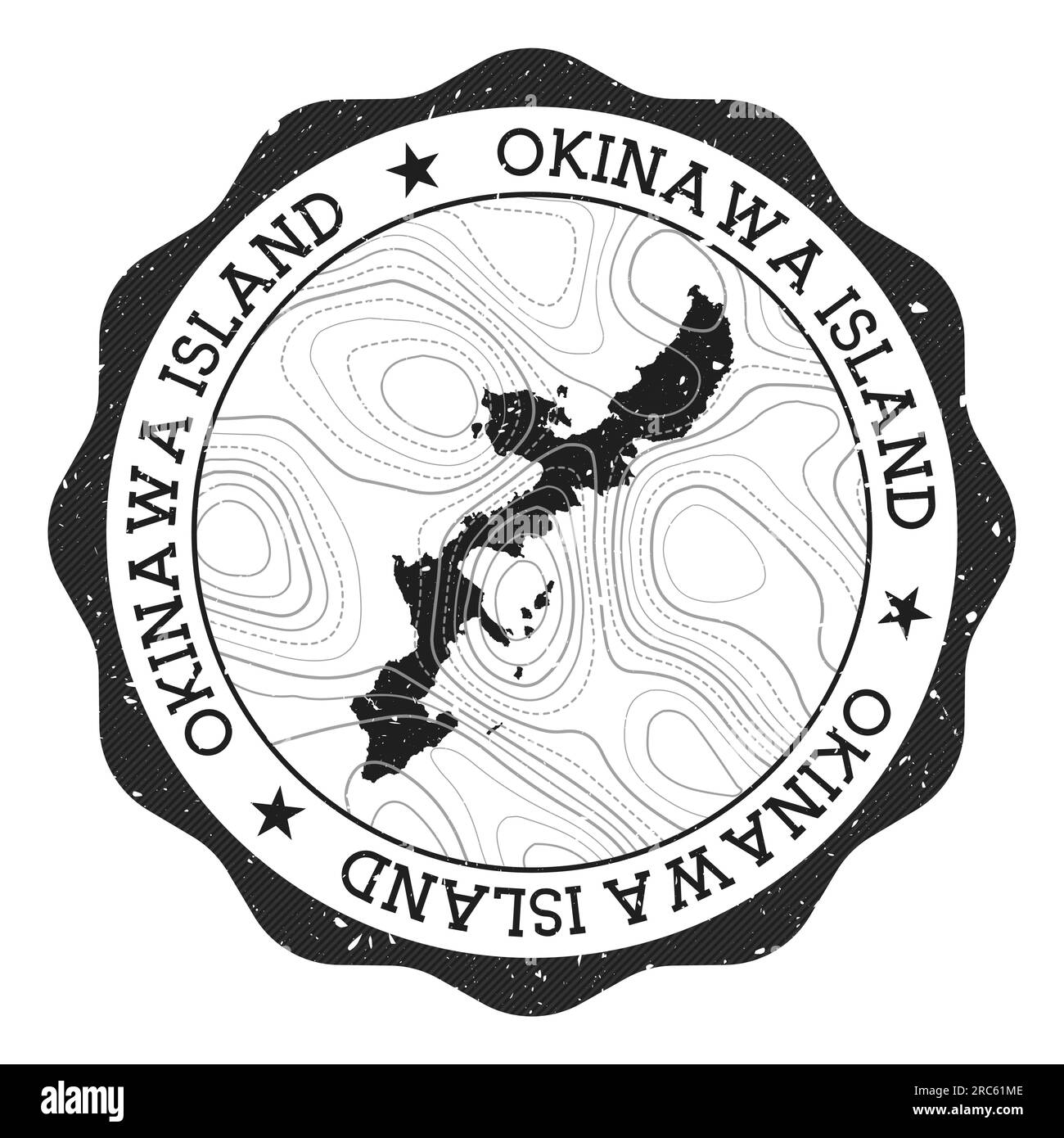 Timbre extérieur de l'île d'Okinawa. Autocollant rond avec carte avec isolines topographiques. Illustration vectorielle. Illustration de Vecteur