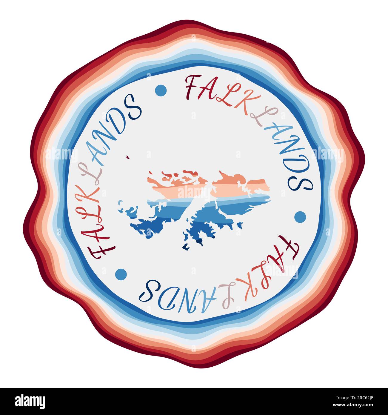 Badge des Malouines. Carte du pays avec de belles vagues géométriques et un cadre rouge et bleu vif. Logo rond vif des Malouines. Illustration vectorielle. Illustration de Vecteur