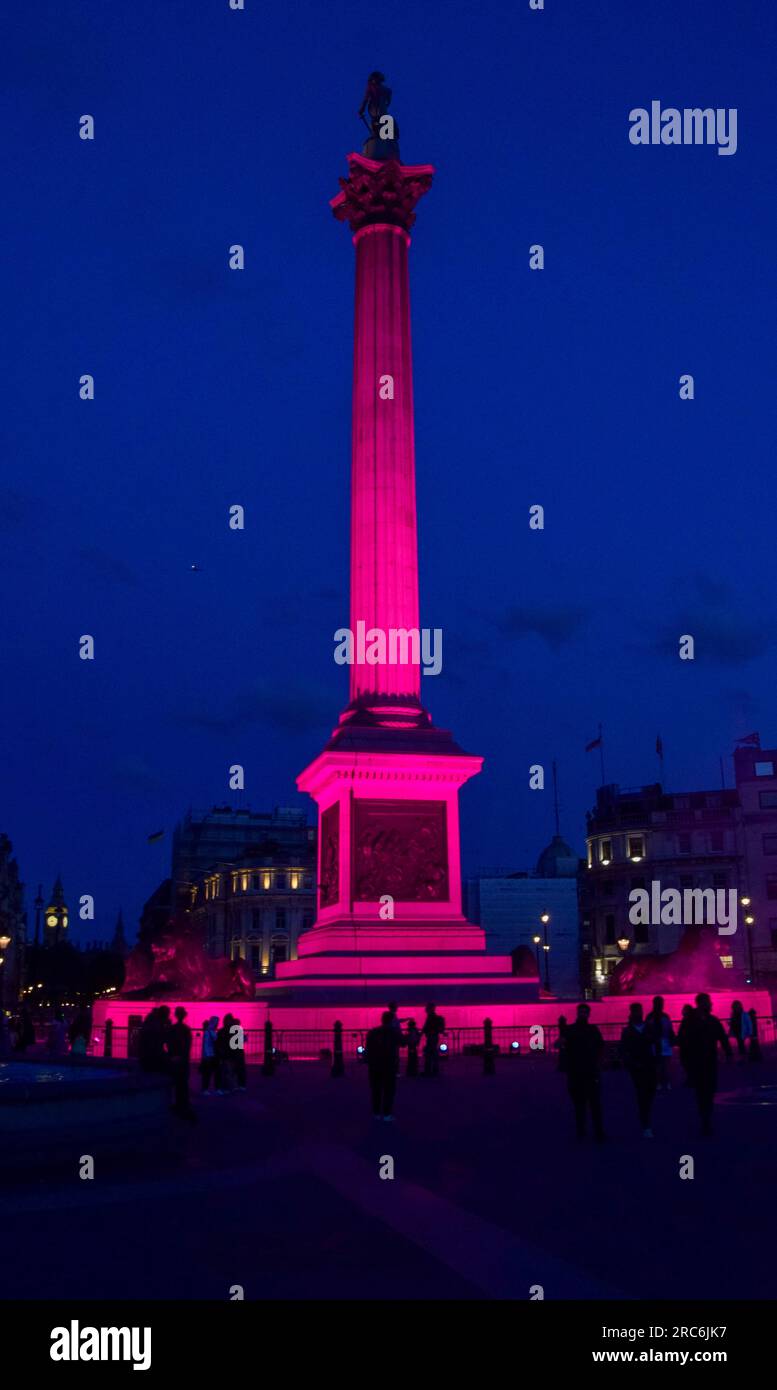 Londres, Royaume-Uni. 12 juillet 2023. La colonne de Nelson et les statues de lions de Trafalgar Square sont illuminées en rose pour célébrer la première britannique de Barbie. Crédit : Vuk Valcic/Alamy Live News Banque D'Images