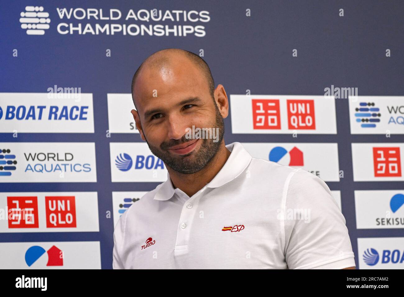 Fukuoka, Japon. 13 juillet 2023. Felipe Perrone d'Espagne Conférence de presse des 20e Championnats du monde de natation à la Marine Messe de Fukuoka (Japon), le 13 juillet 2023. Crédit : Insidefoto di andrea staccioli/Alamy Live News Banque D'Images