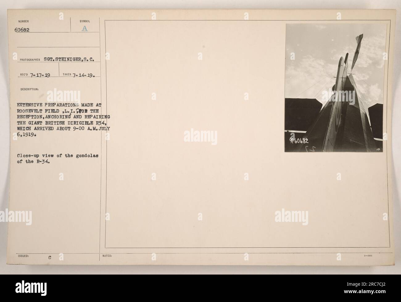 Préparatifs à Roosevelt Field pour l'arrivée du dirigeable R-34 le 6 juillet 1919. La photographie montre une vue rapprochée des gondoles du R-34. L'image a été prise le 14 juillet 1919 par le sergent Steiniger. Banque D'Images