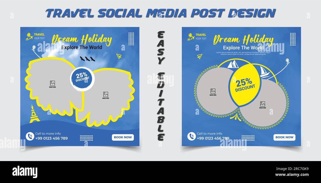 Voyage et tourisme social media post bannière modèle de conception, conception de bannière publicitaire itinérante Illustration de Vecteur