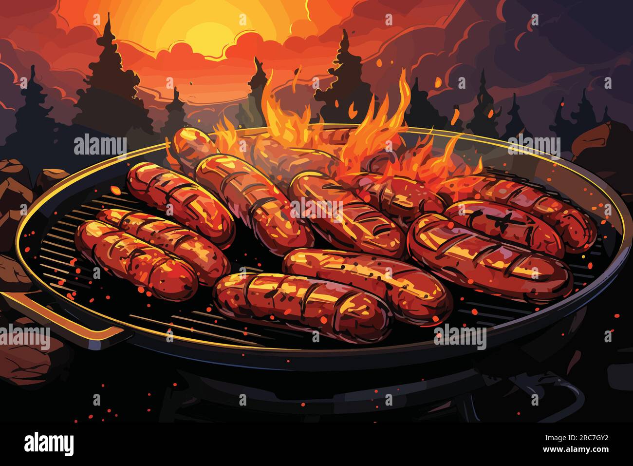 Illustration vectorielle de dessin animé Sizzling hot dog sur un grill pendant une cuisson ensoleillée Illustration de Vecteur