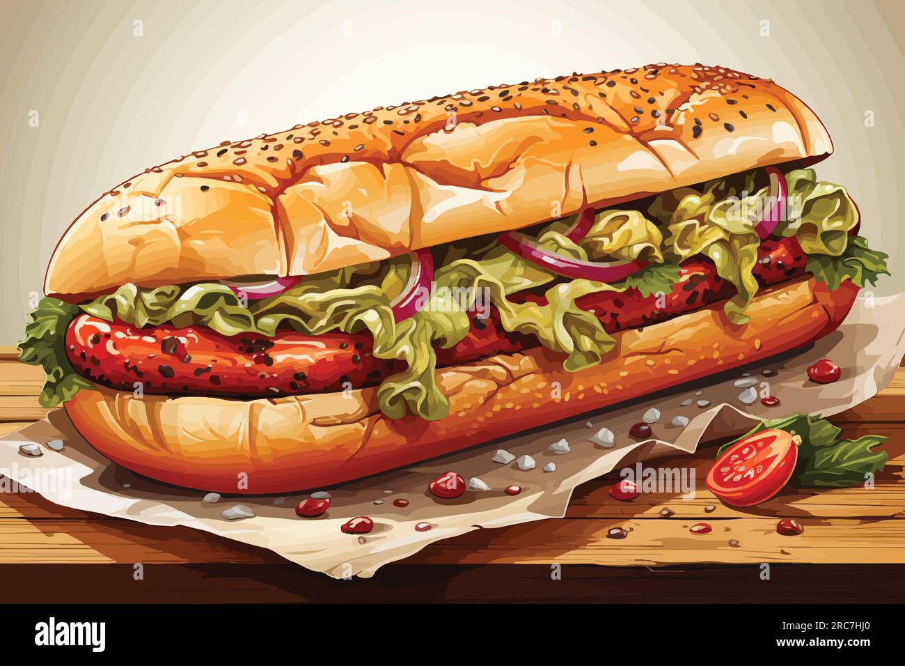 Illustration vectorielle de dessin animé de hot-dog enthousiaste tenant un signe en bois vierge à une foire Illustration de Vecteur