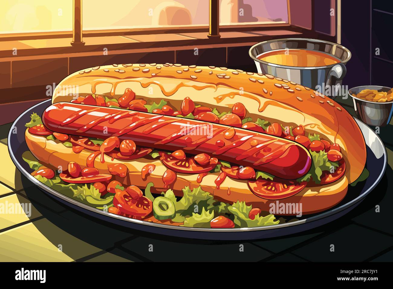 Illustration vectorielle de dessin animé Sizzling hot dog sur un grill pendant une cuisson ensoleillée Illustration de Vecteur