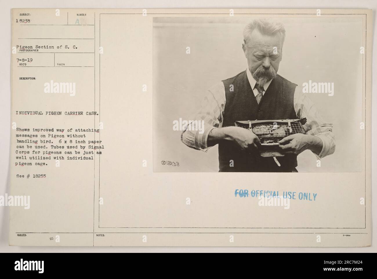 Une photographie prise le 8 juillet 1919, montrant une méthode améliorée pour attacher des messages aux pigeons dans la section des pigeons du signal corps. L'image met en évidence l'utilisation de boîtiers de transport de pigeons individuels, qui permettent de joindre des messages sans manipuler l'oiseau. Cette méthode innovante démontre la polyvalence des tubes utilisés par le signal corps pour la messagerie des pigeons. Des informations supplémentaires se trouvent sur la photo #18255. La note indique que le contenu ne doit être utilisé qu'à des fins officielles. Banque D'Images