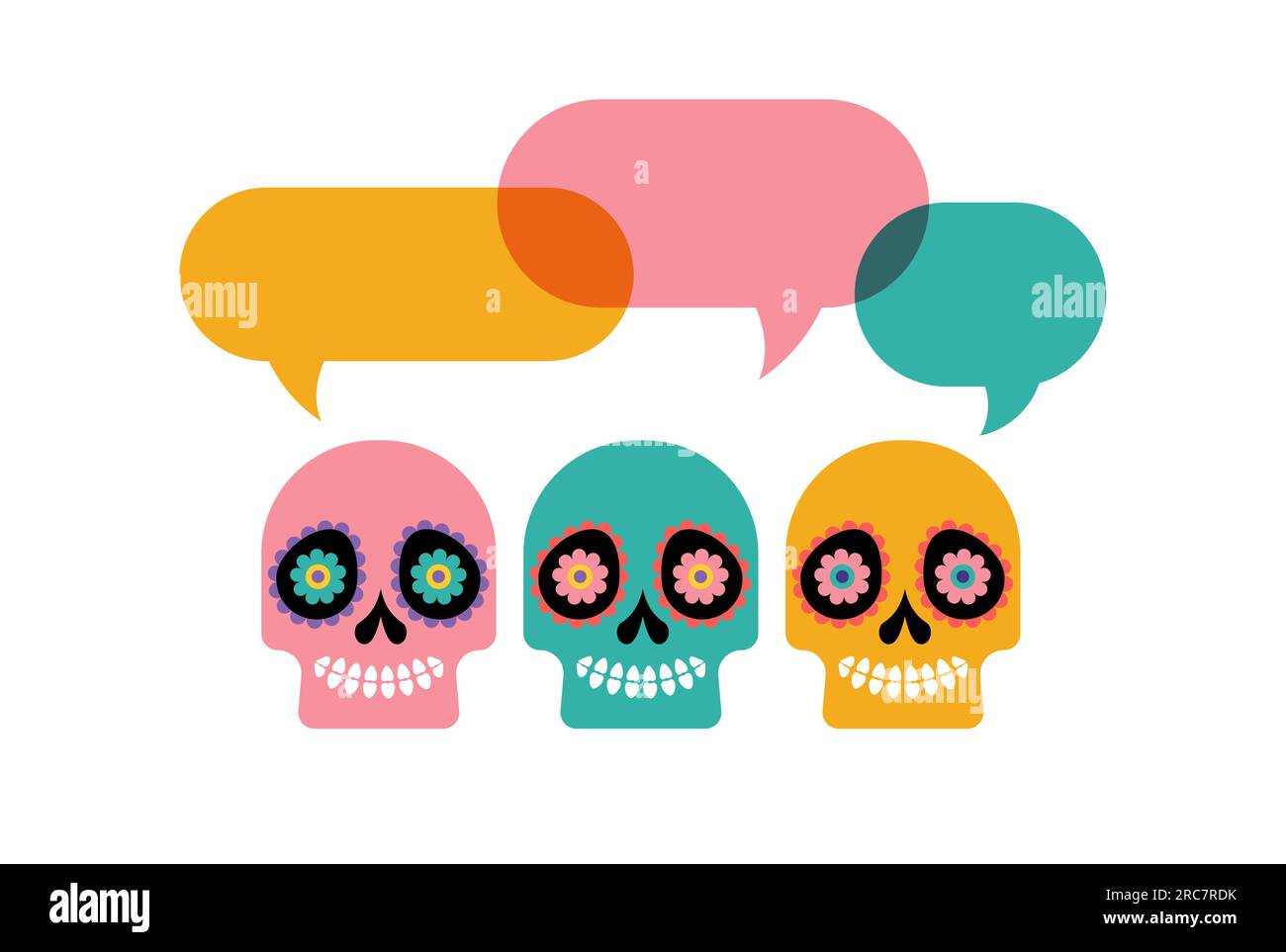 Crânes colorés avec des bulles de parole, crânes de sucre mexicains pour le jour des morts, dia de los muertos. Illustration vectorielle Illustration de Vecteur