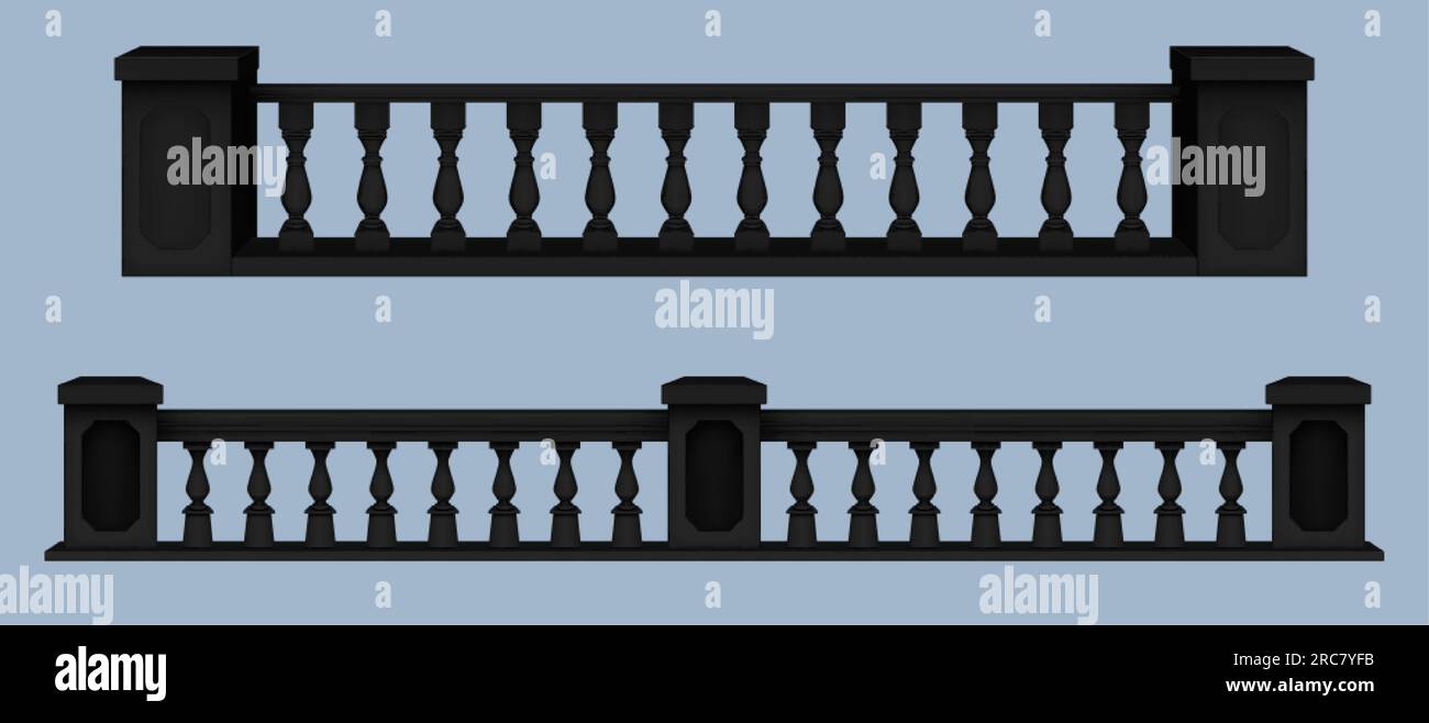 Ensemble réaliste 3D de mains courantes de balustrade classique isolé sur fond. Illustration vectorielle de pierre noire ou escalier en marbre, balcon, patio desi Illustration de Vecteur