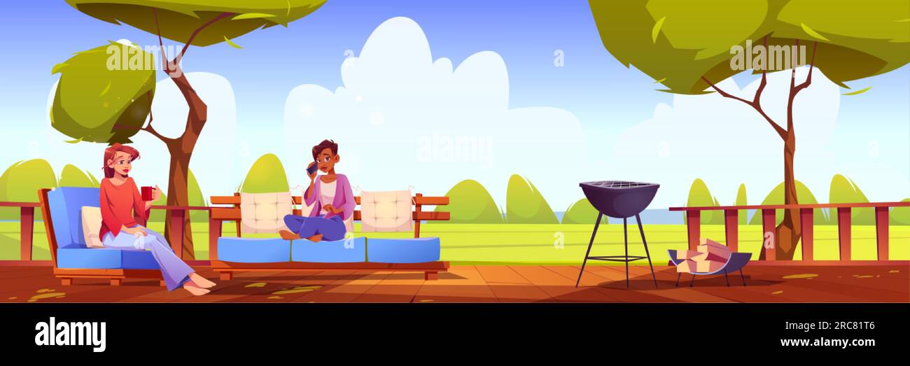 Femme sur la terrasse de l'arrière-cour de la maison assise près d'un barbecue. Patio extérieur de la cour arrière de banlieue avec chaise, barbecue et mobilier de canapé. Ami outdoo Illustration de Vecteur