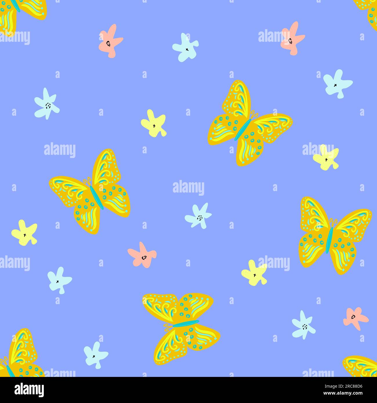 papillons et fleurs modèle sans couture, impression enfantine pour papier peint, tissu pour enfants, intérieur de pépinière, illustration de douche de bébé dans le style doodle Illustration de Vecteur