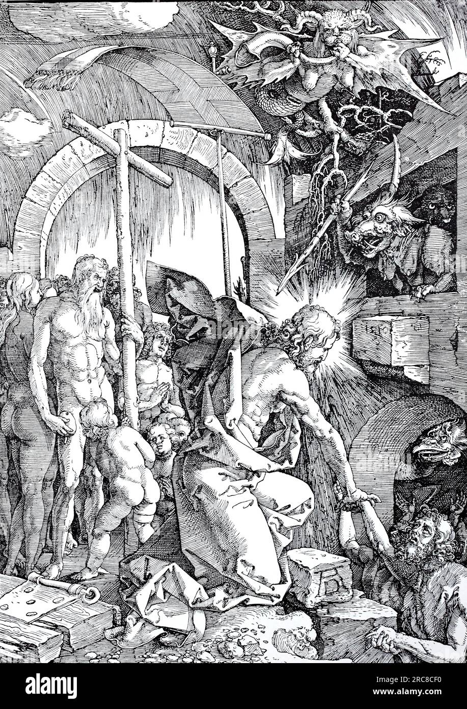 Gravures sur bois pour compléter la grande passion, Christ dans les limbes, gravure sur bois par Albrecht Dürer, reproduction historique, numérique améliorée d'une ancienne gravure sur bois Banque D'Images
