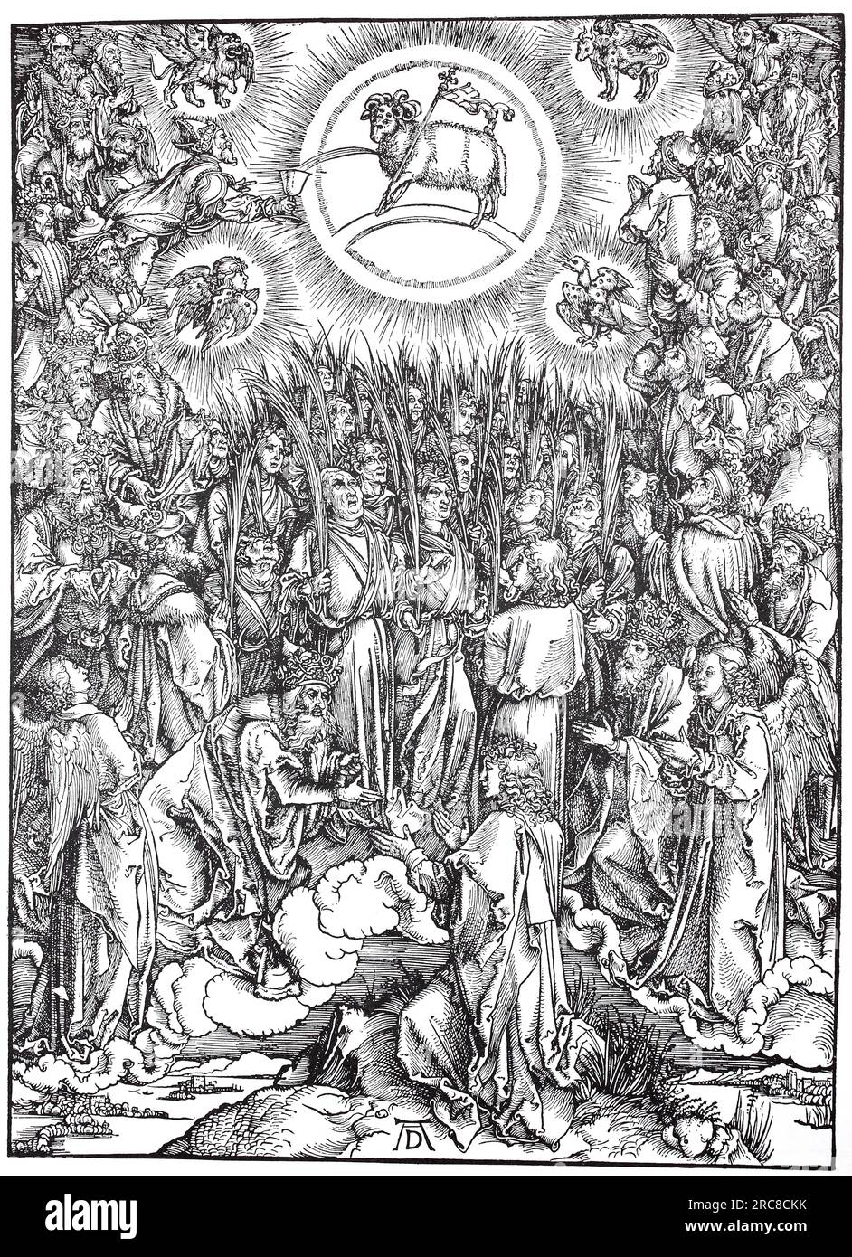 L'Apocalypse, l'adoration de l'agneau et l'hymne de l'élu, gravure sur bois d'Albrecht Dürer, reproduction historique, numérique améliorée d'une ancienne gravure sur bois Banque D'Images