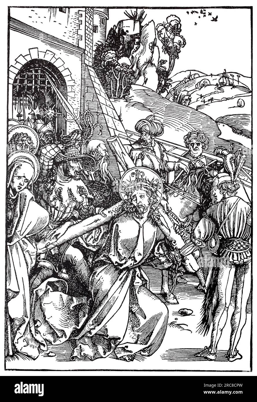 La soi-disant passion Albertina, Christ portant la croix, gravure sur bois par Albrecht Dürer, reproduction historique, numérique améliorée d'une ancienne gravure sur bois Banque D'Images