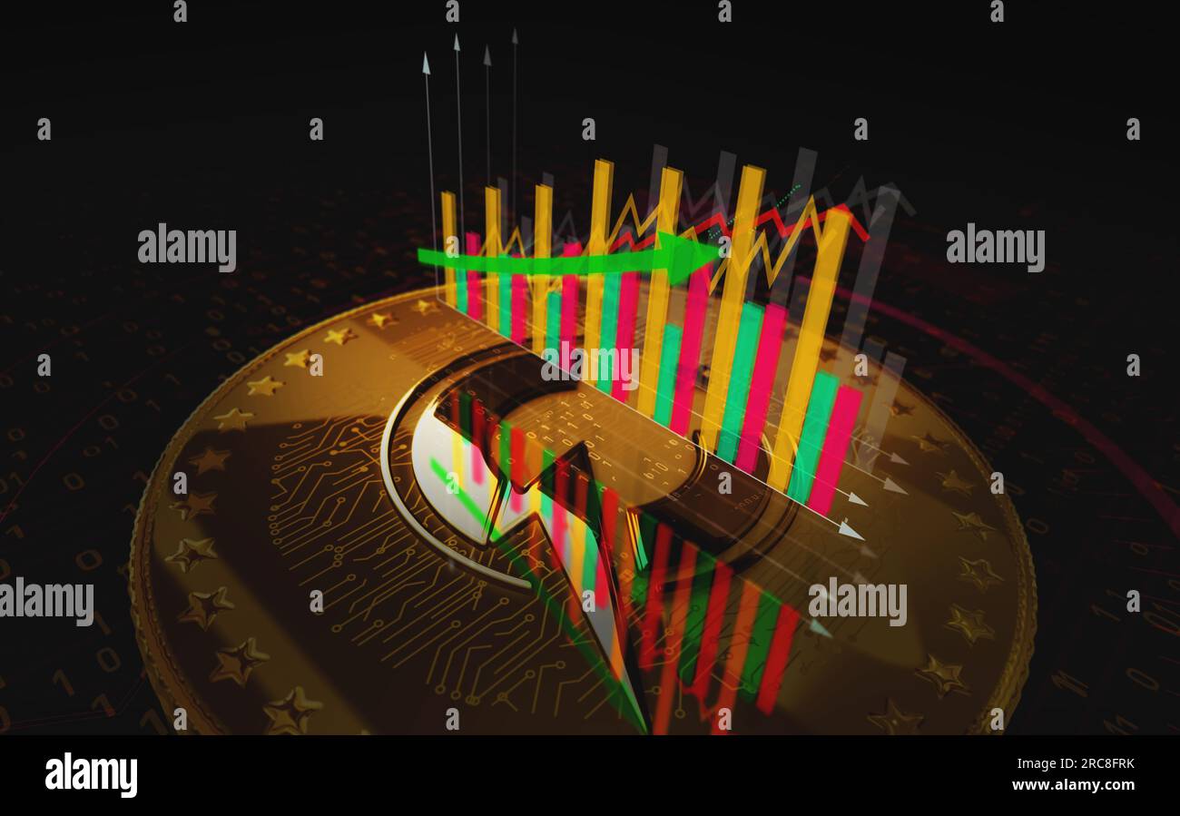 C charge CCHG EV crypto EV fuel CCharger la pièce d'or sur le graphique. Graphique de tendance des prix avec ligne croissante et descendante. Paiement en ligne et transaction ab Banque D'Images