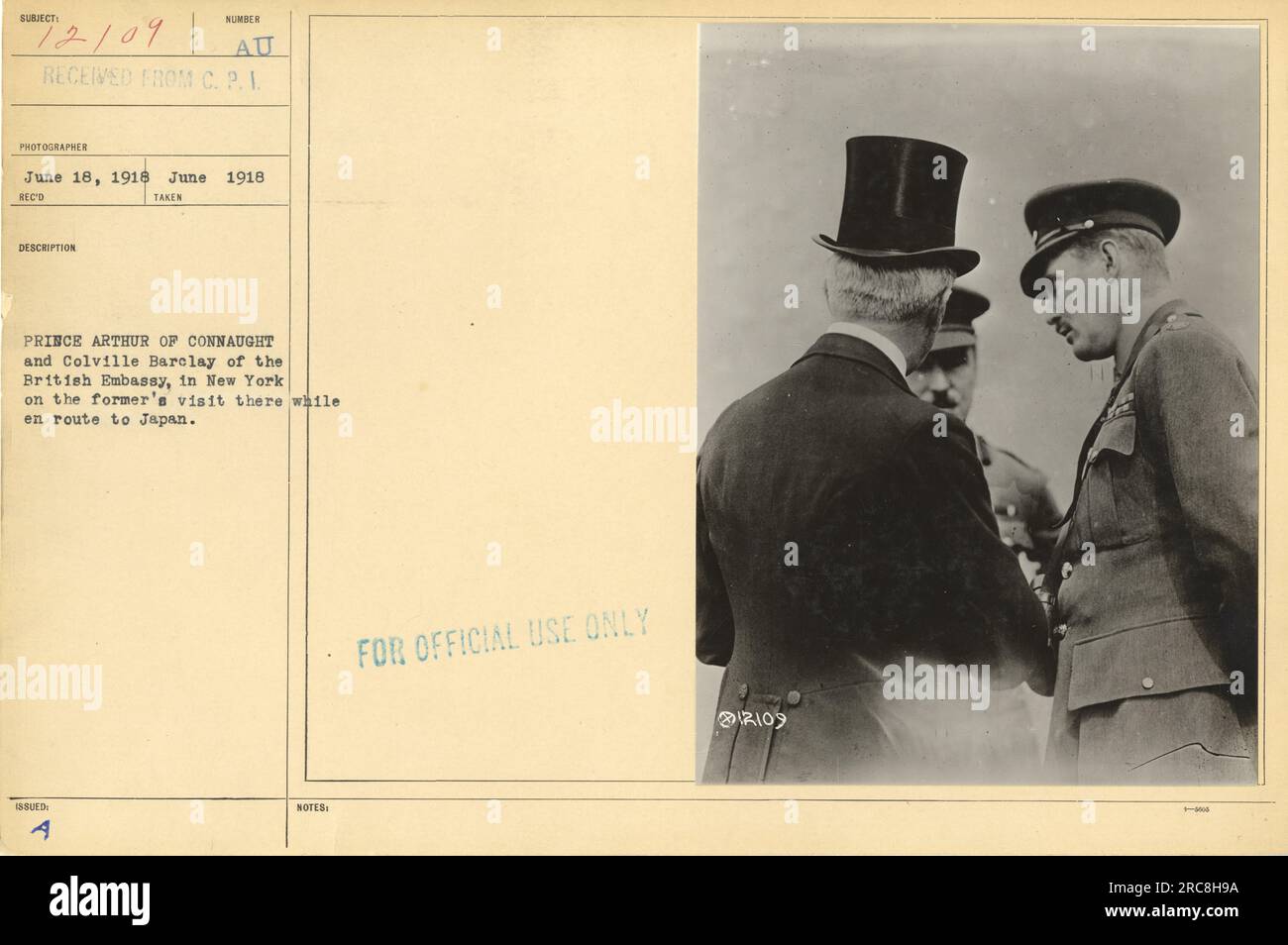 Le prince Arthur de Connaught de l'ambassade britannique à New York est vu lors de sa visite aux États-Unis en route pour le Japon. La photographie a été prise en juin 1918. Banque D'Images