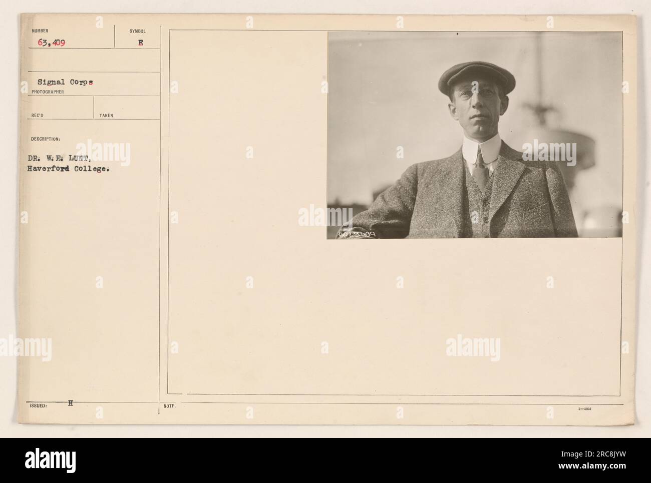Dr. W. F. Lunt du Haverford College, photographié par le signal corps pendant la première Guerre mondiale Image numéro 63 409. La description indique qu'il a été pris par le Dr W. R. Lunt, également du Haverford College. La photographie porte le symbole E et est étiquetée comme une photographie RECO. Banque D'Images