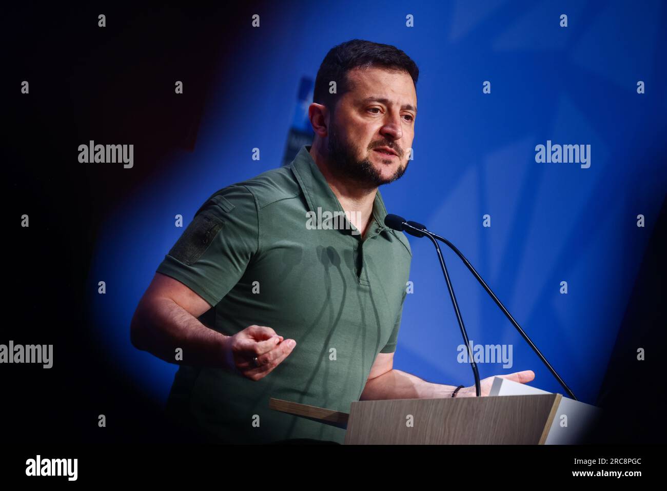 Vilnius, Lituanie. 12 juillet 2023. Le Président de l'Ukraine, Volodymyr Zelenskyy, assiste à une conférence de presse lors du Sommet de l'OTAN au LITEXPO Lithuanian Exhibition and Congress Center à Vilnius, Lituanie, le 12 juillet 2023. (Image de crédit : © Beata Zawrzel/ZUMA Press Wire) USAGE ÉDITORIAL SEULEMENT! Non destiné à UN USAGE commercial ! Banque D'Images