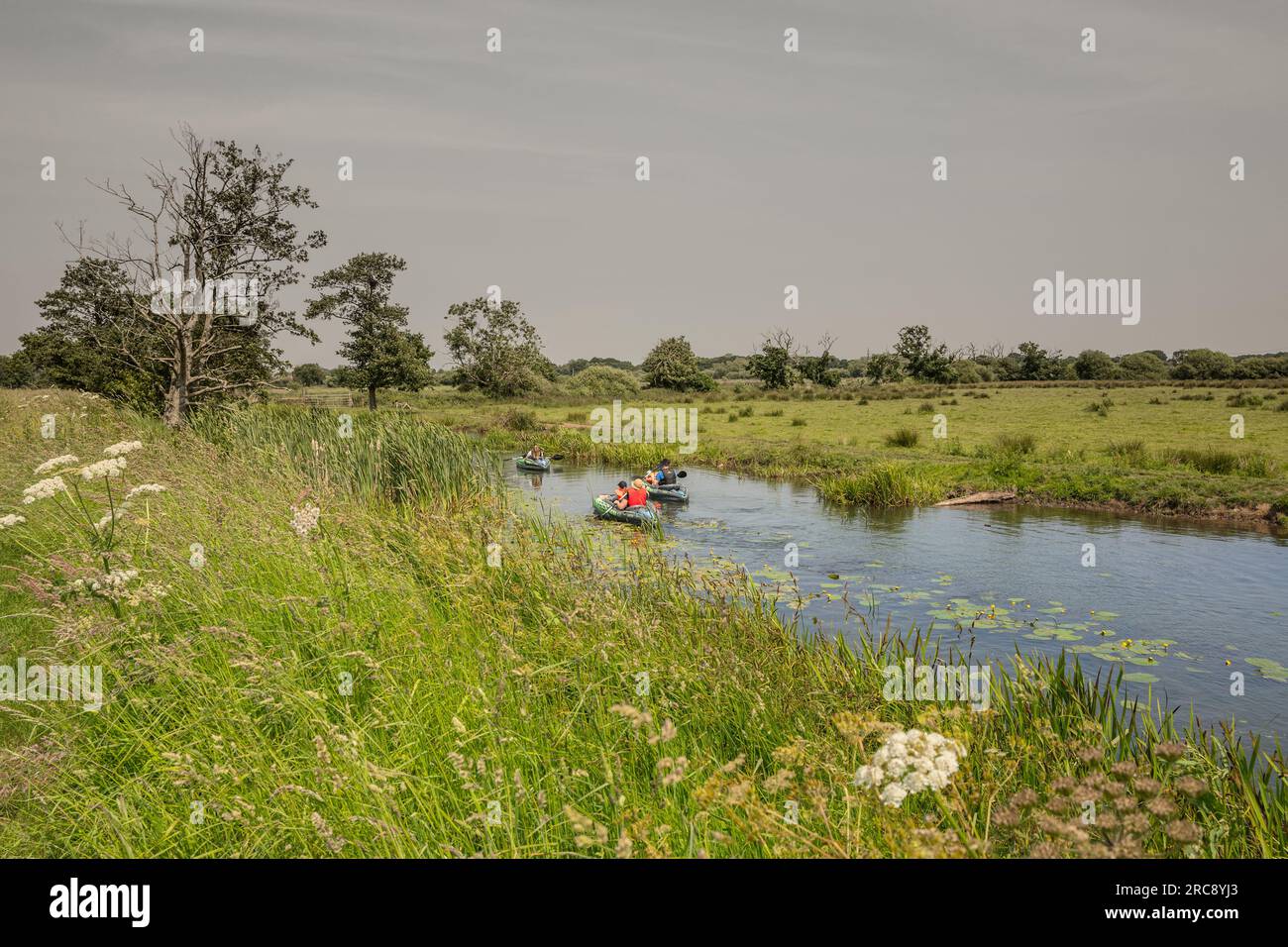 Canoéistes voyageant le long du canal North Walsham et Dilham, Dilham, Norfolk, Angleterre. Banque D'Images