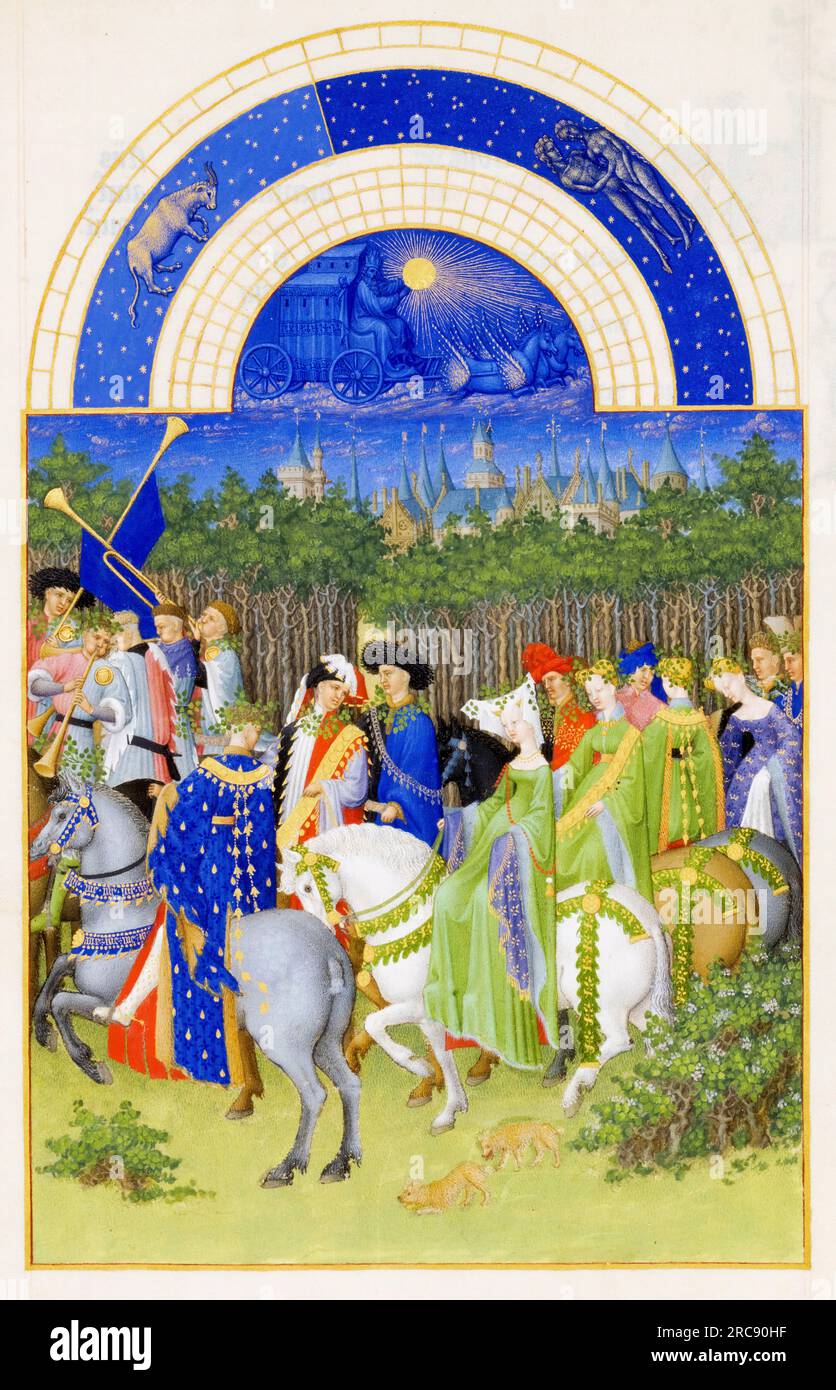 Limbourg Brothers, mai tiré du manuscrit enluminé très riches heures du duc de Berry à la tempera sur vélin, 1412-1416 Banque D'Images