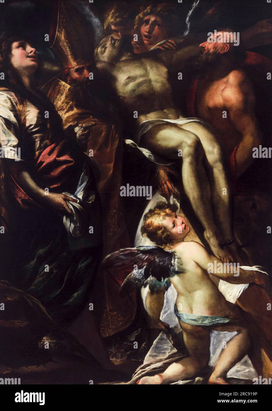 Giulio Cesare Procaccini, l'abaissement de la Croix avec Sainte Marie Madeleine, Saint Augustin, Saint Jérôme et Anges, peinture à l'huile sur toile, vers 1618 Banque D'Images