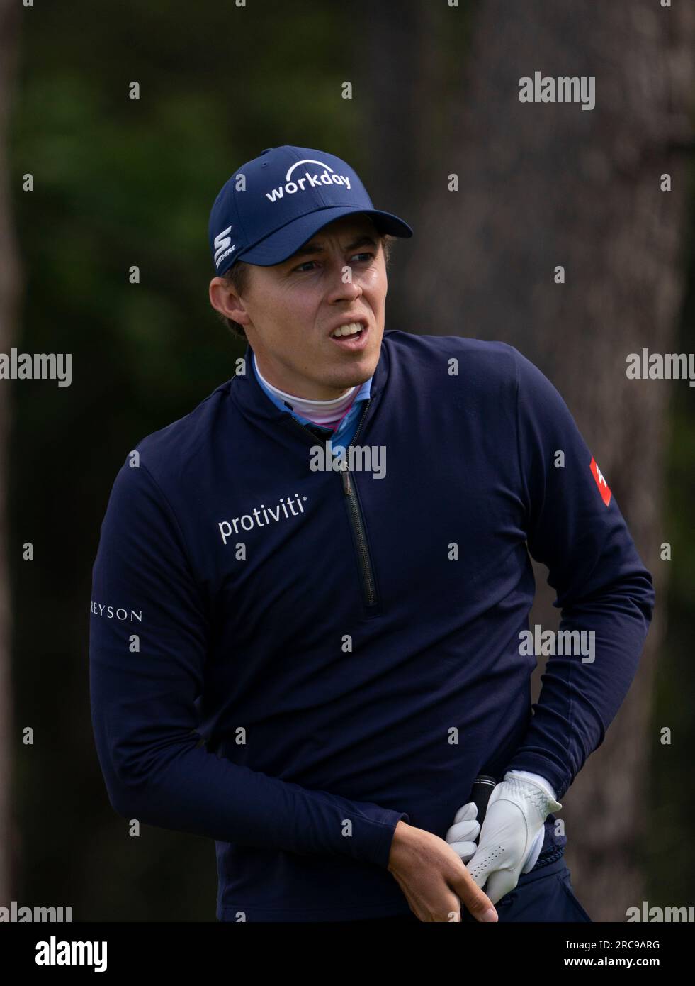 North Berwick, East Lothian, Écosse, Royaume-Uni. 13 juillet 2023. Mathew Fitzpatrick conduit sur le 17e trou au Genesis Scottish Open au Renaissance Club à North Berwick. Iain Masterton/Alamy Live News Banque D'Images