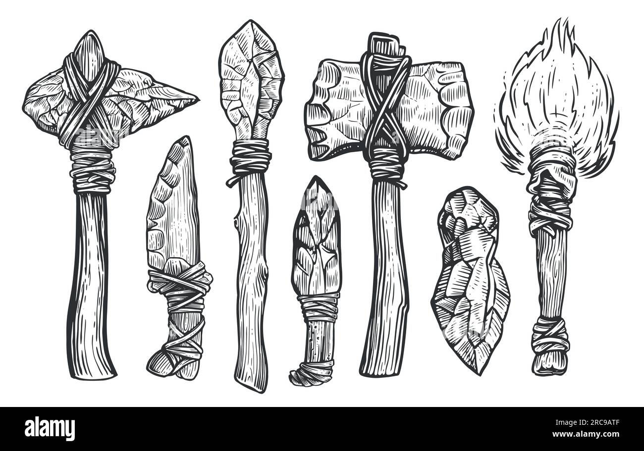 Outils de travail préhistorique et équipement d'un homme des cavernes primitif. Style de gravure d'illustration vectorielle d'esquisse Illustration de Vecteur