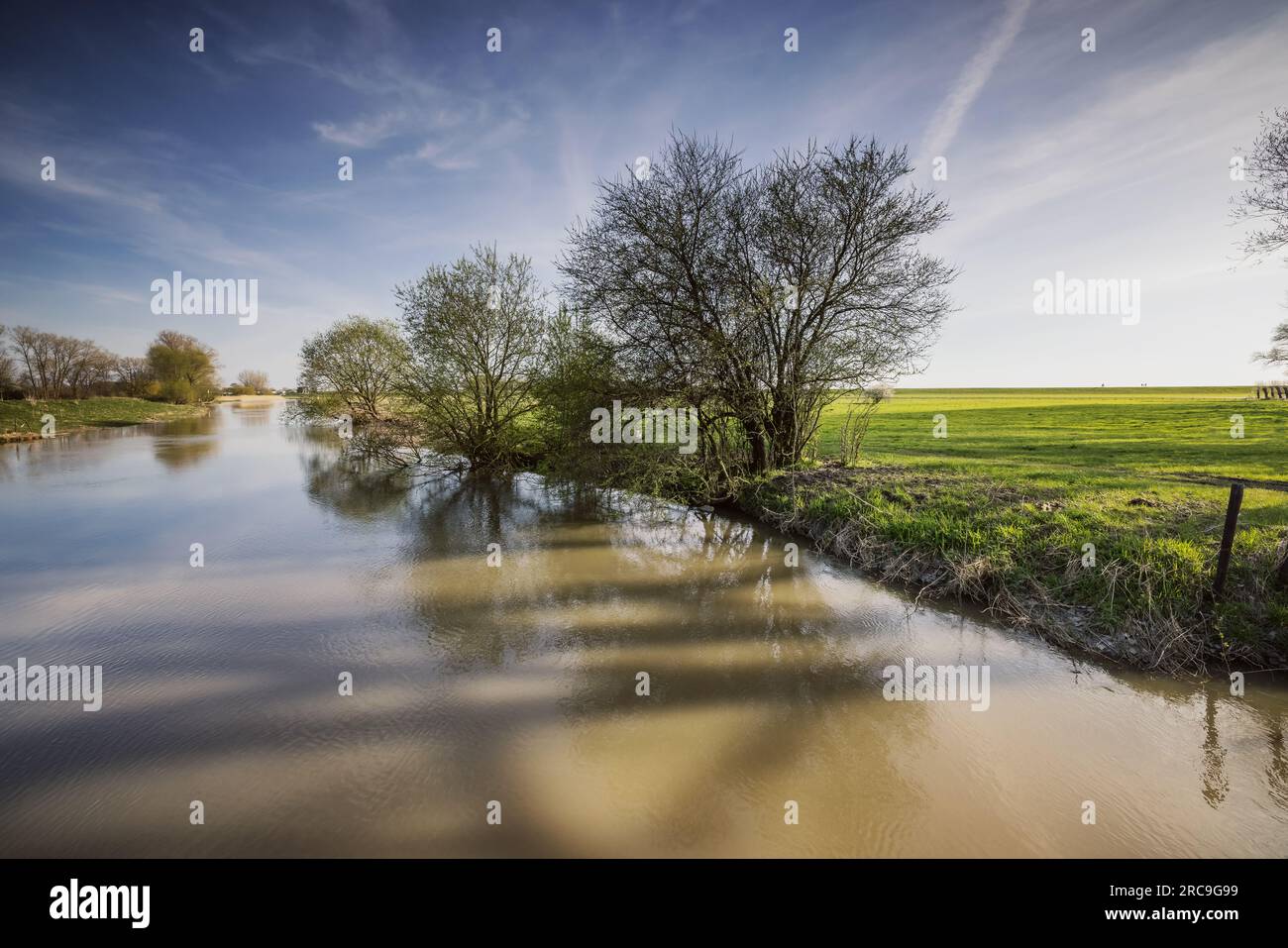 An der Hetlinger Binnenelbe BEI Fährmannssand, Blickrichtung Wedel. AM rechten Bildrand der Elbdeich mit Spaziergängern Banque D'Images
