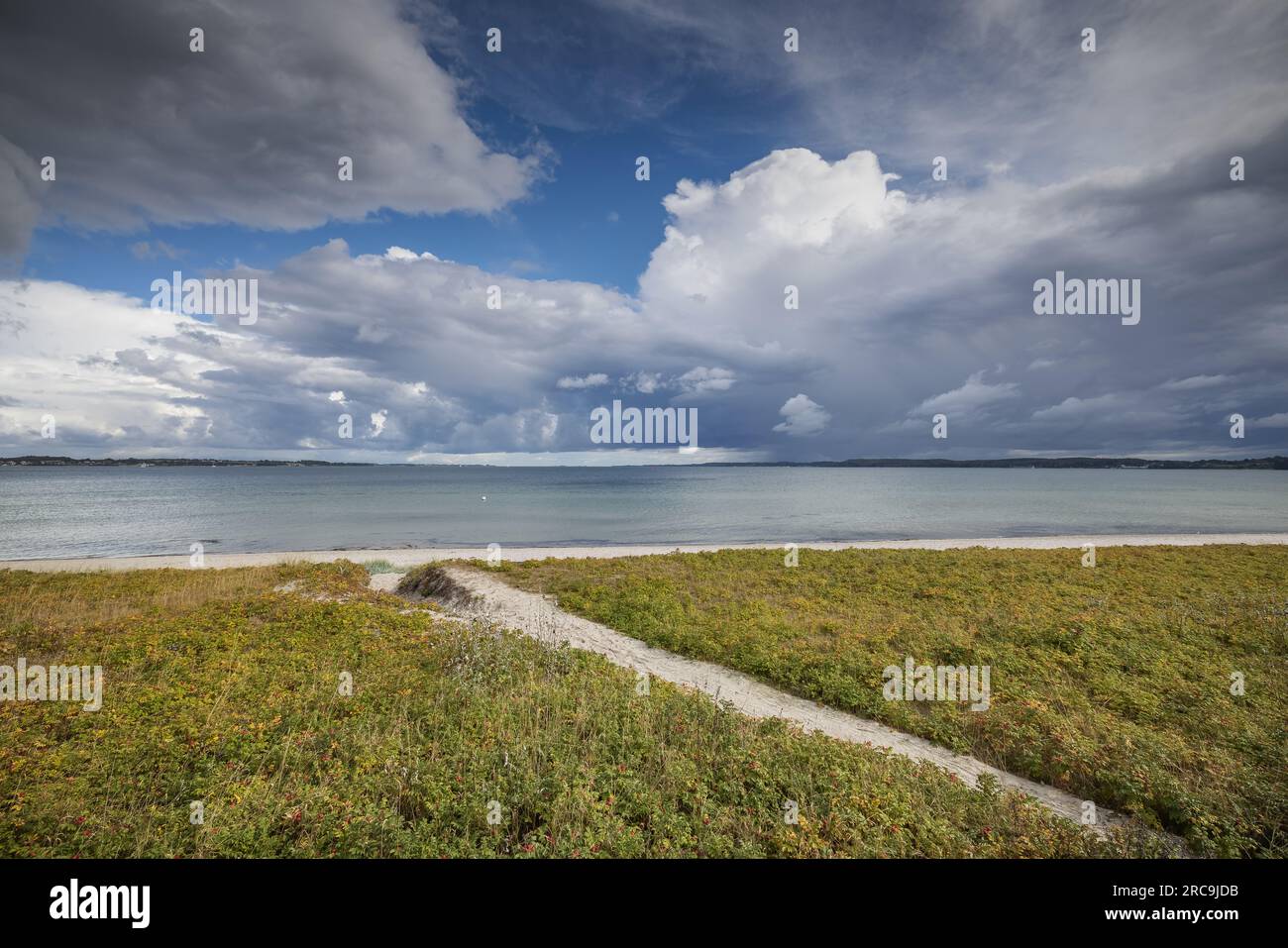 Septembertag am Strand von Holnis/Glücksburg. AM Himmel Türmen sich Regenwolken, während die Landschaft noch von der sonne beschienen wird Banque D'Images