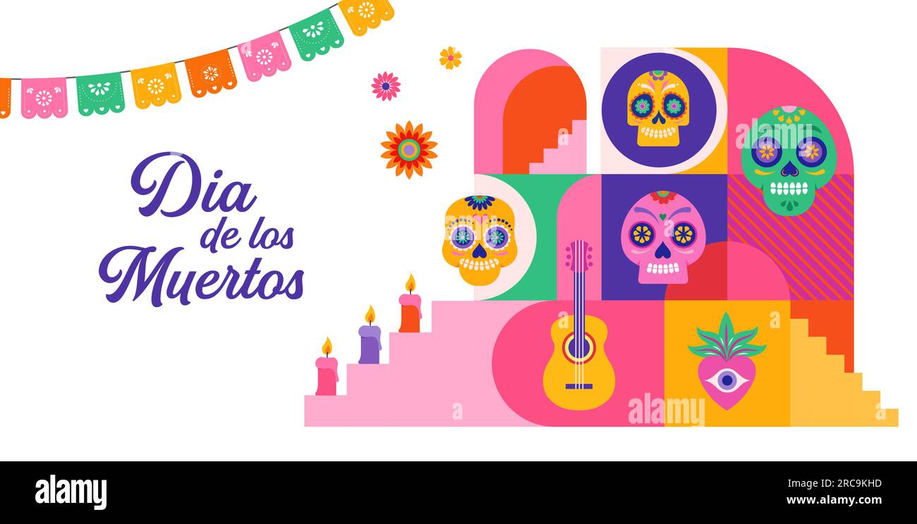 Dia de los muertos, jour des morts, fête mexicaine, festival. Affiche vectorielle, bannière et carte dans un style géométrique moderne, avec crânes, église Illustration de Vecteur