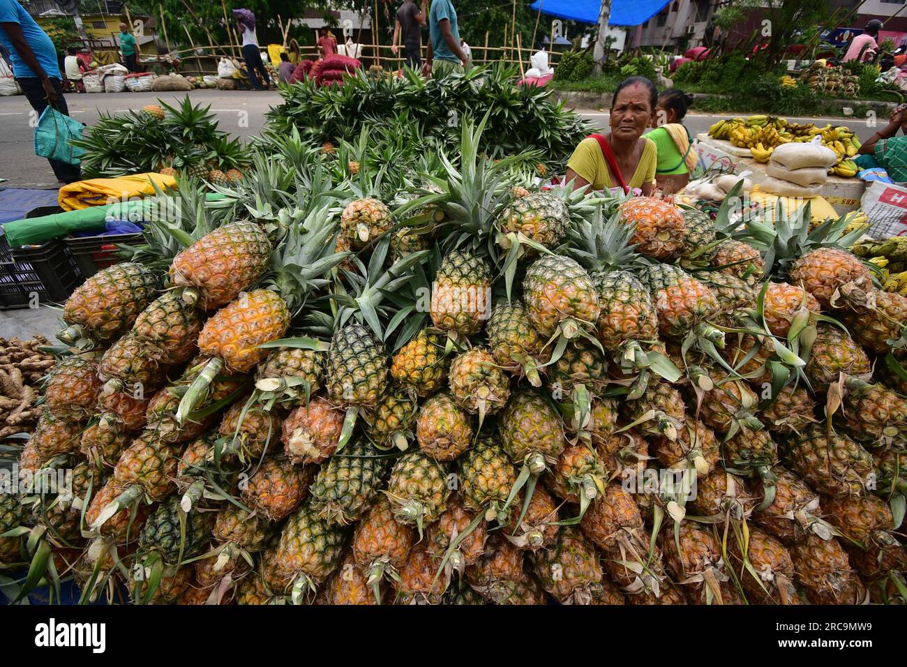 Guwahati. 13 juillet 2023. Un vendeur vend des ananas sur un marché de gros de fruits dans la ville de Guwahati, dans l'État d'Assam, dans le nord-est de l'Inde, le 13 juillet 2023. Crédit : Str/Xinhua/Alamy Live News Banque D'Images