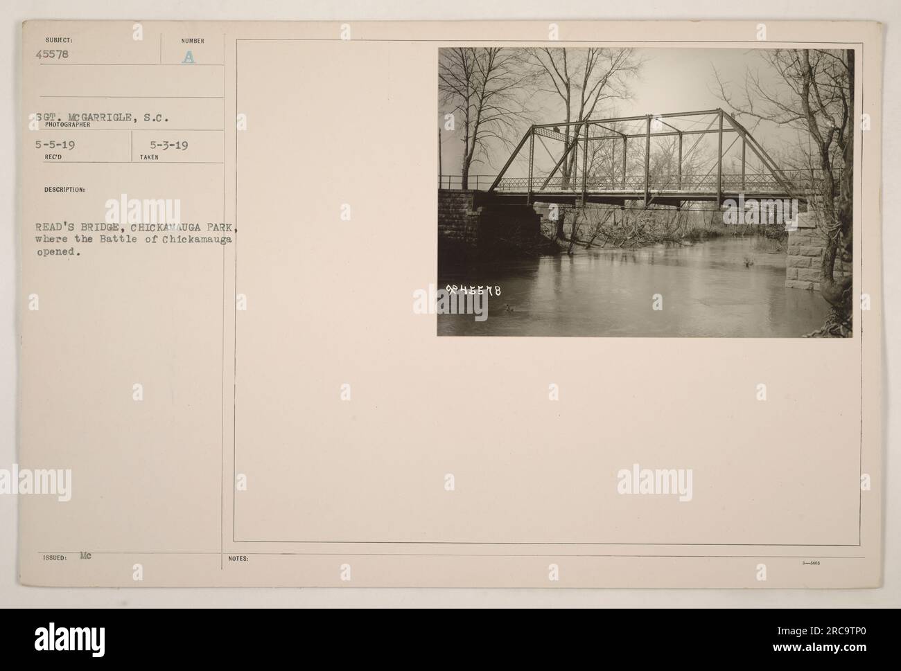 Photographie du pont Read dans le parc Chickamauga, prise le 5 mai 1919 par le sergent McGarrigle du signal corps. L'image montre l'endroit où la bataille de Chickamauga a eu lieu. Cette photographie a été cataloguée le 3 mai 1919. Banque D'Images