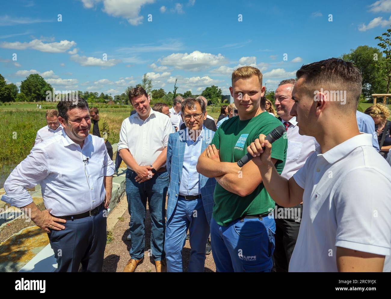 Castrop-Rauxel, Rhénanie-du-Nord-Westphalie, Allemagne - Hubertus Heil, ministre fédéral du travail et des Affaires sociales, visite l'EMSHERLAND nature and Water Banque D'Images