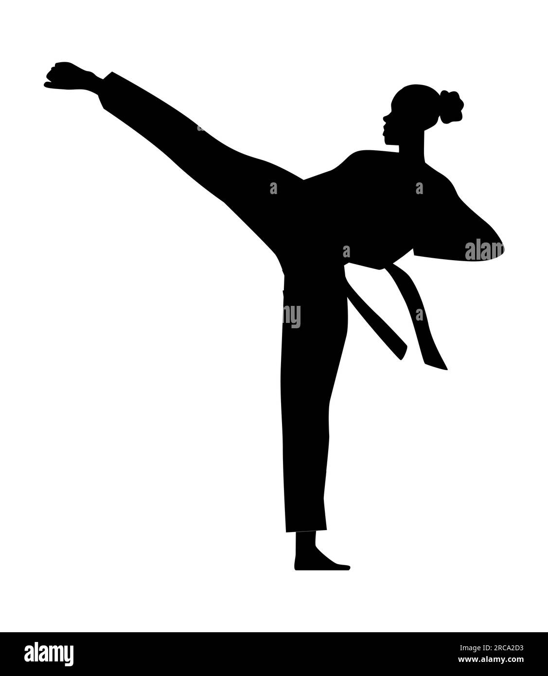 Silhouette noire d'une personne faisant la pratique du karaté dans une pose de coup de pied, classe d'arts martiaux, illustration vectorielle isolée sur fond blanc Illustration de Vecteur